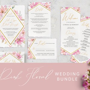 Pink Floral Wedding Invitation Set, Wedding Invitation Bundle Template, Instant Download, Editable Blush Wedding, Printable Wedding Set #008