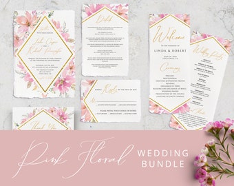 Pink Floral Wedding Invitation Set, Wedding Invitation Bundle Template, Instant Download, Editable Blush Wedding, Printable Wedding Set #008