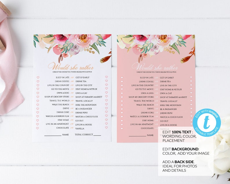 Would She Rather Editable Bridal Game Template Instant Download Bridal Shower Game Wedding Shower Game Printable Bridal Shower Game #001