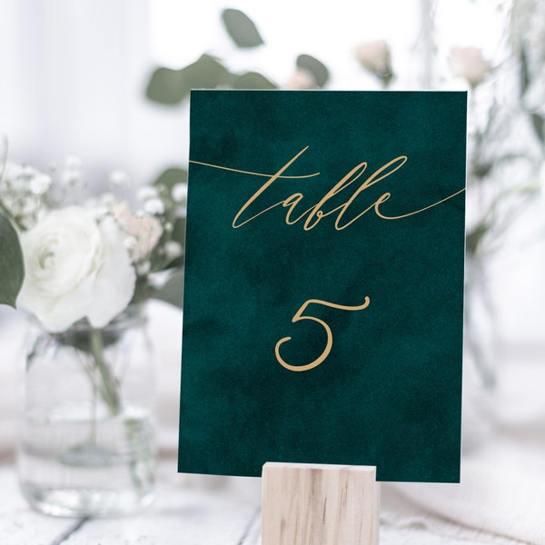 Emerald Green And Gold Wedding Table Number, Table Number Template, Printable Wedding Table Number, Instant Download, Wedding Table Sign 024