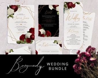 Conjunto de invitación de boda de Borgoña, plantilla de paquete de invitación de boda, descarga instantánea, boda de Borgoña editable, conjunto de boda imprimible #007