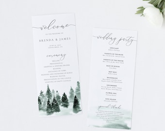 Plantilla de programa de bodas de Navidad, programa de bodas verde bosque, programa de ceremonias de boda, descarga instantánea, programa de invierno editable 022