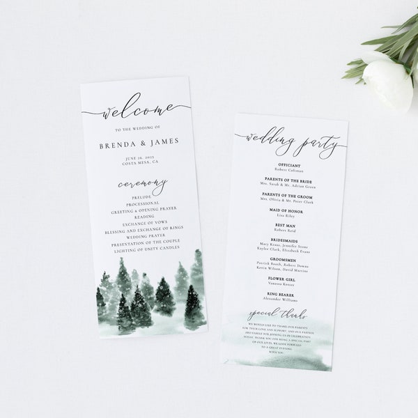 Christmas Wedding Program Template, Forest Green Wedding Program, Wedding Ceremony Program, Instant Download, Editable Winter Program 022