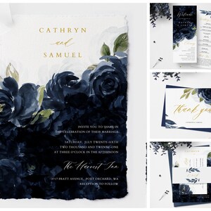 May include: Wedding invitation suite with navy blue watercolor floral designs and gold calligraphy. The invitation card features the names "Cathryn and Samuel" and details for their wedding at The Harvest Inn. The RSVP card has a navy blue background with a gold border. The thank you card features a navy blue watercolor floral design with gold calligraphy.