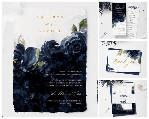 Navy Blue Wedding Invitation Set, Wedding Invitation Bundle Template, Instant Download, Editable Contemporary Wedding, Printable Set #015