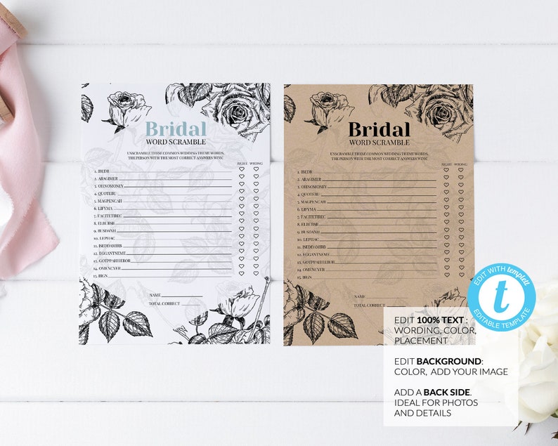 Bridal Word Scramble Game Editable Bridal Shower Game Template Instant Download Editable Bridal Shower Game #003 Printable Game Template