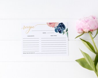 Navy Rose Recipe Card, Bridal Shower Recipe Card, Instant Download, Editable Navy Wedding Recipe Template, Printable Rose Recipe Insert #010