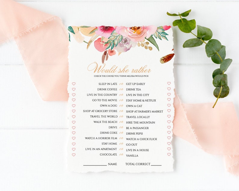 Would She Rather Editable Bridal Game Template Instant Download Bridal Shower Game Wedding Shower Game Printable Bridal Shower Game #001