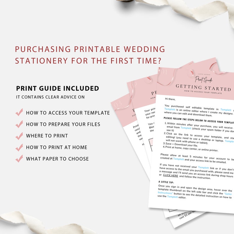 K&ouml;nnte beinhalten: Rosa-wei&szlig;er druckbarer Leitfaden f&uuml;r Hochzeitspapeterie mit einer Checkliste der Schritte zum Zugriff und Bearbeiten der Vorlage. Der Leitfaden enth&auml;lt Anweisungen zum Zugriff auf die Vorlage, zum Vorbereiten von Dateien, zum Drucken und zur Auswahl von Papier.