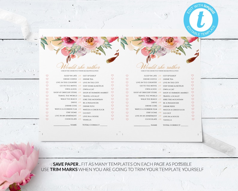 Would She Rather Editable Bridal Game Template Instant Download Bridal Shower Game Wedding Shower Game Printable Bridal Shower Game #001