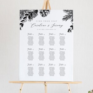 Winter Pine Cone Seating Chart Template, Instant Download, Editable Wedding Seating Sign Printable Seating Chart Editable Vertical Sign #011