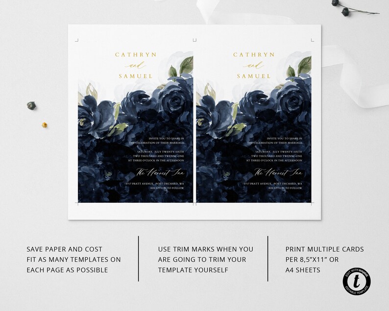 May include: Two navy blue wedding invitation templates with gold trim and floral designs. The text reads "Cathryn and Samuel" and "The Harvest Inn".