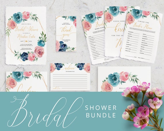 Turquoise Bridal Shower Bundle, Instant Download, Bridal Shower Invitation Bundle Template, Printable Bridal Games, Editable Bundle #010