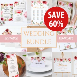 Wedding Bundle, Wedding Invitation Bundle Template, Instant Download, Editable Wedding Bundle, Printable Wedding Template Set, Floral #001