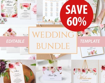 Wedding Bundle, Wedding Invitation Bundle Template, Instant Download, Editable Wedding Bundle, Printable Wedding Template Set, Floral #001