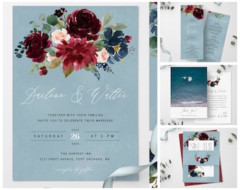 Dusty Blue Burgundy Wedding Invitation Bundle, Wedding Bundle Template, Instant Download, Editable Boho Wedding Bundle, Printable Set #016