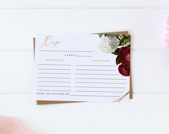 Burgundy Recipe Card, Bridal Shower Recipe, Instant Download, Editable Burgundy Wedding Recipe Template, Printable Rose Recipe Insert #007