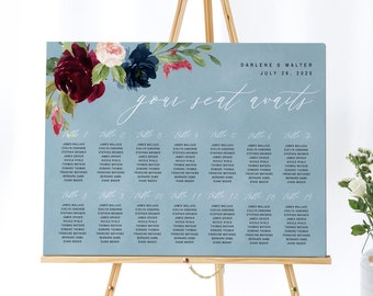 Dusty Blue Burgundy Seating Chart Template, Instant Download, Editable Wedding Sign, Alphabetical Seating Chart Printable Seating Chart #016