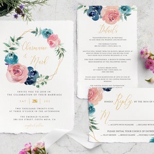 Navy Rose Gold Wedding Invitation, Instant Download, Printable Rose Wedding Invitation Set, Editable Blue Wedding Invitation Template #010