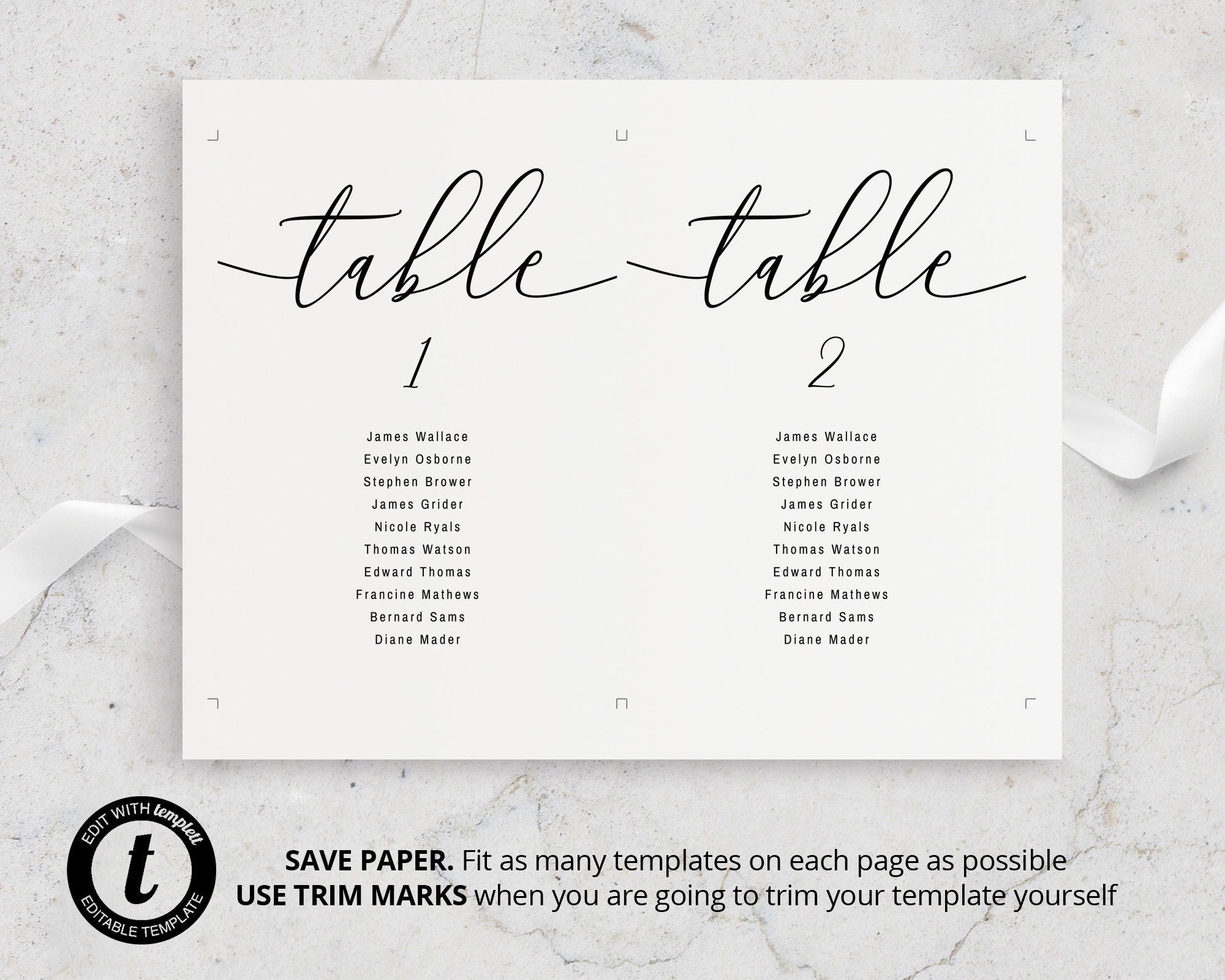 Modern Seating Chart Card, Elegant Seating Card Template, Instant ...