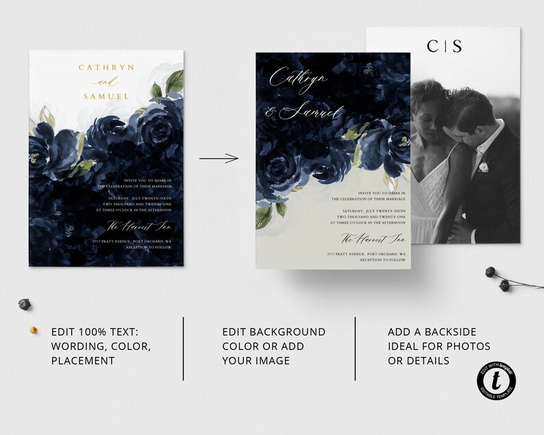 May include: A wedding invitation template with a navy blue and white floral design. The text on the invitation reads "Cathryn & Samuel".