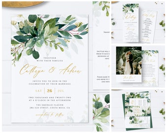 Greenery Gold Wedding Invitation Bundle, Wedding Bundle Template, Instant Download, Editable Boho Wedding Bundle, Eucalyptus Printable #017
