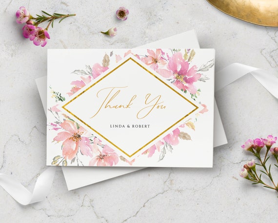 Pink Floral Thank You Card Wedding Thank You Template | Etsy