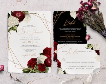 Burgundy Wedding Invitation, Instant Download, Printable Rose Wedding Invitation, RSVP Details Editable Classic Wedding Template DIY #007