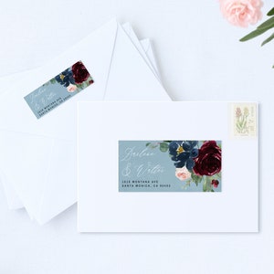 Dusty Blue Burgundy Envelope Address Labels, Printable Wedding Address Labels, Instant Download, Editable Stickers Return Wedding Label #016