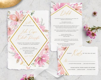 Pink Floral Wedding Invitation, Instant Download, Printable Blush Wedding Invitation, RSVP Details, Wedding Invitation Template Set  #008