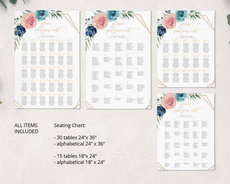 Instant Download Navy Blue /& Blush Seating Chart Template Alphabetical Sign Printable Seating Chart #010 Editable Wedding Seating Sign