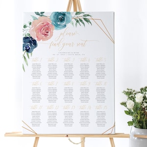 Navy Blue & Blush Seating Chart Template, Instant Download, Editable Wedding Seating Sign, Alphabetical Sign, Printable Seating Chart #010