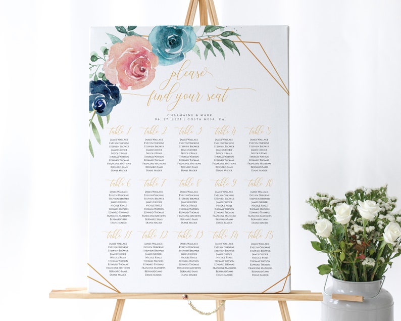 Instant Download Navy Blue /& Blush Seating Chart Template Alphabetical Sign Printable Seating Chart #010 Editable Wedding Seating Sign