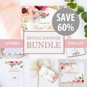 Bridal Shower Bundle, Instant Download, Bridal Shower Invitation Bundle Template, Printable Bridal Shower Games, Editable Floral Bundle #001