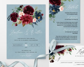 Dusty Blue Burgund Hochzeitseinladung, sofortiger Download, druckbare Boho-Hochzeitseinladung, bearbeitbare Blumenhochzeits-Vorlagen-Set #016