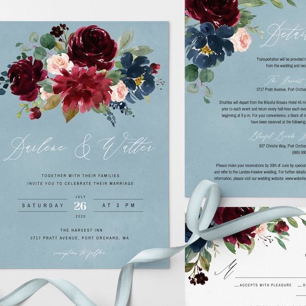 Blue and Red Wedding Invitation Etsy