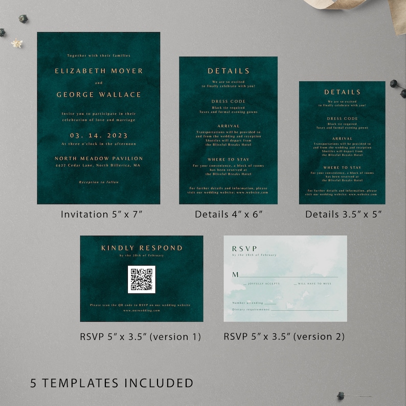 K&ouml;nnte beinhalten: F&uuml;nf Hochzeitseinladungsvorlagen mit einem aquamarinen Aquarellhintergrund. Die Vorlagen umfassen eine Einladung, zwei Detailkarten und zwei RSVP-Karten. Der Text auf der Einladung lautet: "Gemeinsam mit ihren Familien Elizabeth Moyer und George Wallace Laden Sie Sie ein, an ihrer Feier der Liebe und Ehe teilzunehmen 03.14.2023 Um drei Uhr nachmittags North Meadow Pavilion 4427 Cedar Lane, North Billerica, MA Empfang im Anschluss".