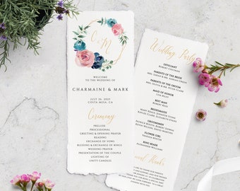 Navy Rose Gold Wedding Program, Printable Wedding Program Template, Instant Download, Editable Wedding Ceremony, Rose Program Template #010