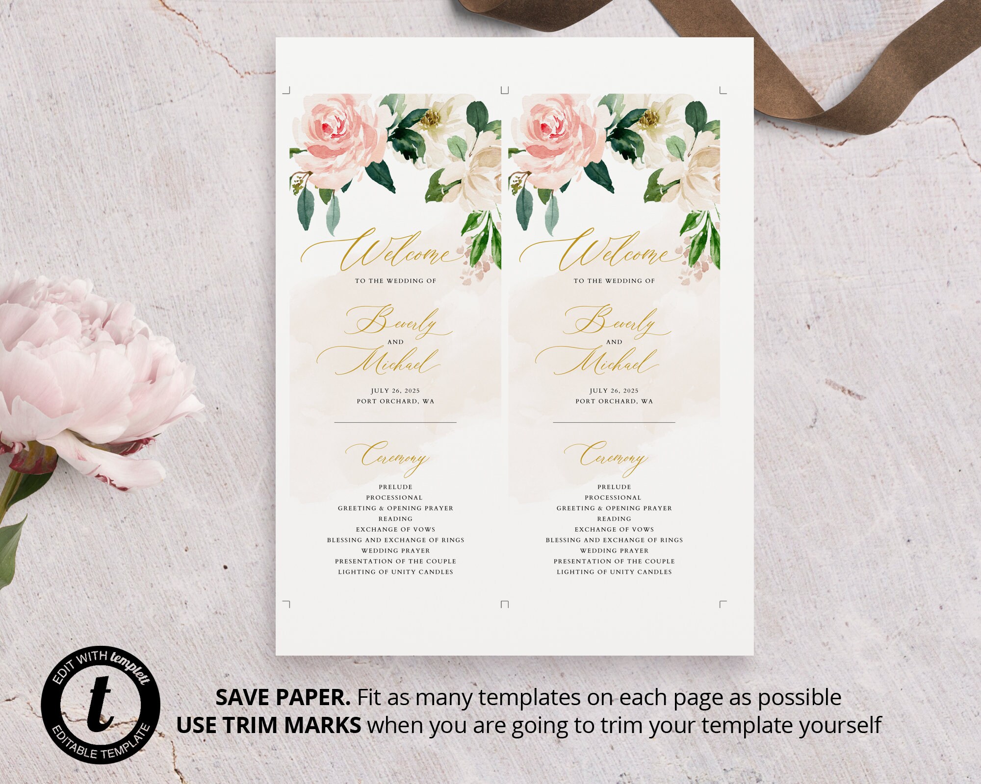 Ivory Blush Wedding Program Printable Wedding Program Etsy