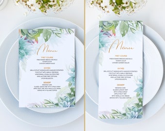 Greenery Wedding Menu Template, Printable Wedding Menu, Instant Download, Editable Succulent Menu Watercolor Wedding Menu Card Template #005