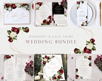 Paquete de boda de Borgoña, paquete de invitación de boda de Borgoña, descarga instantánea, paquete de boda editable, conjunto de plantillas de boda imprimibles #007