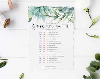 Succulent Bridal Shower Game, He Said She Said, Instant Download, Editable Bridal Game Template, Guess Who Said It Greenery Bridal Game #005