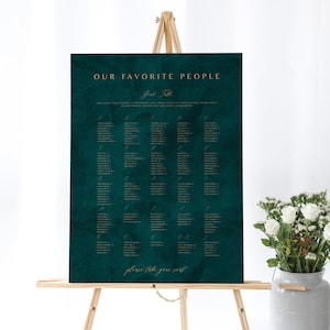 May include: A teal green wedding seating chart with gold lettering. The chart is titled "Our Favorite People" and lists the names of guests and their assigned tables. The text at the bottom reads "Please take your seat."