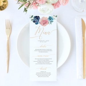 Plantilla de menú de boda rosa azul, menú de boda imprimible, descarga instantánea, menú de acuarela editable, plantilla de tarjeta de menú de boda Boho #010
