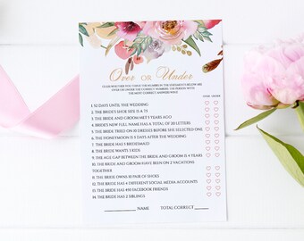 Bridal Shower Game, Over Or Under, Instant Download, Editable Bridal Game Template, Printable Bridal Shower Game, Bridal Game Template #001