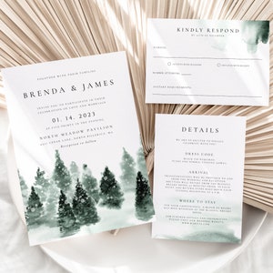 Winter Forest Wedding Invitation Template, Instant Download, Emerald Green Winter Wedding Printable Woodland Invitation Set Green Forest 022