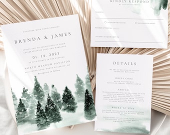 Winter Forest Wedding Invitation Template, Instant Download, Emerald Green Winter Wedding Printable Woodland Invitation Set Green Forest 022