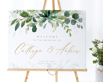 Greenery Gold Wedding Welcome Sign, Editable Welcome Sign Template, Instant Download, Printable Welcome Sign, Boho Wedding Welcome Sign #017