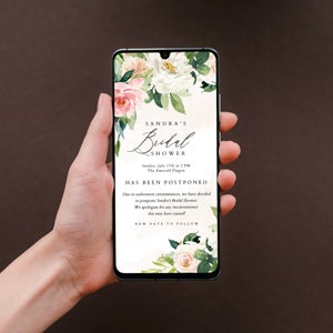 Bruidsdouche uitgestelde aankondiging, verander de datum, Instant Download bewerkbare digitale sjabloon, elektronische tekst e-mail annulering 014