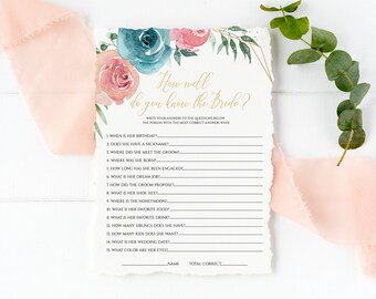 How Well Do You Know The Bride, Turquoise Rose Bridal Shower Game Instant Download Editable Bridal Game Template Wedding Printable Game #010